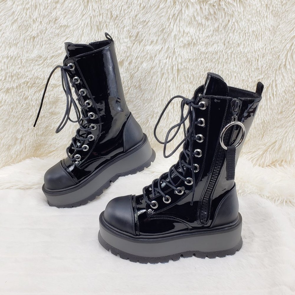 Patent Matte Platform Mid Calf Goth Punk Boots - Picture 9 of 14